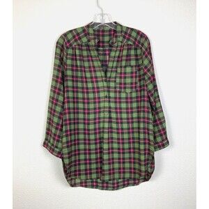 Fun2Fun Women's V-Neck Popover Blouse Size M Green Red 3/4 Roll-Tab Sleeve